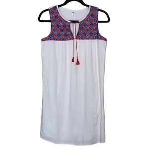NWT OLD NAVY | White Red Blue Embroidered Yoke Tie Neck Sleeveless Shift Dress